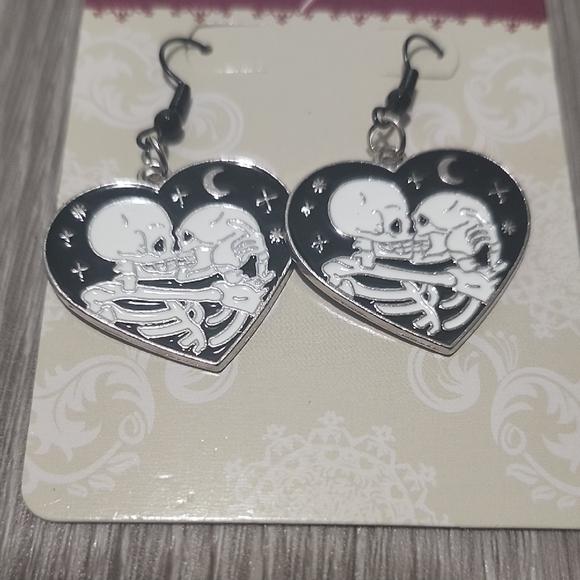 Black & Silver Heart Skeleton Drop Earrings - Picture 4 of 4